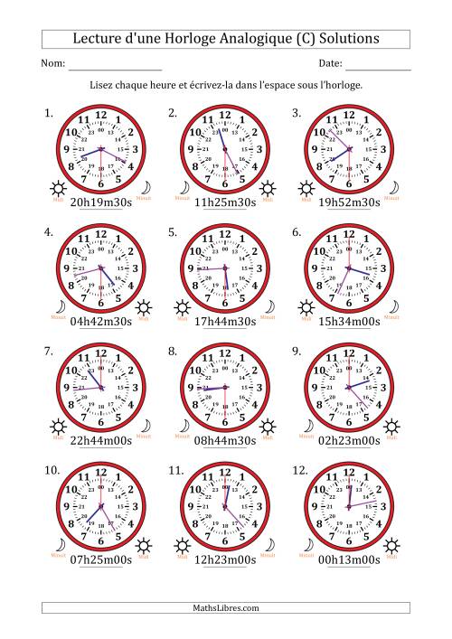 Lecture de l'Heure sur Une Horloge Analogique utilisant le système horaire sur 24 heures avec 30 Secondes d'Intervalle (12 Horloges) (C) page 2