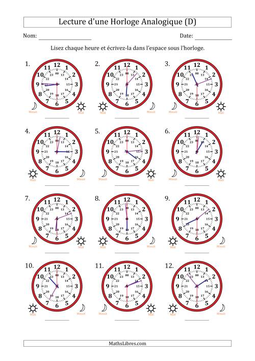 Lecture de l'Heure sur Une Horloge Analogique utilisant le système horaire sur 24 heures avec 30 Secondes d'Intervalle (12 Horloges) (D)