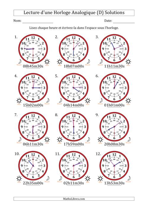 Lecture de l'Heure sur Une Horloge Analogique utilisant le système horaire sur 24 heures avec 30 Secondes d'Intervalle (12 Horloges) (D) page 2