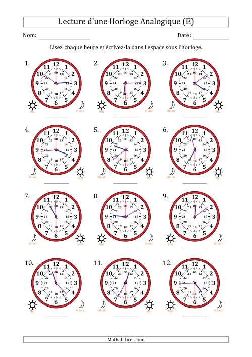 Lecture de l'Heure sur Une Horloge Analogique utilisant le système horaire sur 24 heures avec 30 Secondes d'Intervalle (12 Horloges) (E)
