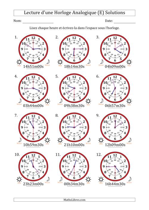 Lecture de l'Heure sur Une Horloge Analogique utilisant le système horaire sur 24 heures avec 30 Secondes d'Intervalle (12 Horloges) (E) page 2