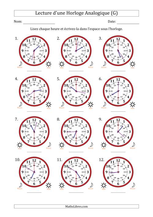 Lecture de l'Heure sur Une Horloge Analogique utilisant le système horaire sur 24 heures avec 30 Secondes d'Intervalle (12 Horloges) (G)