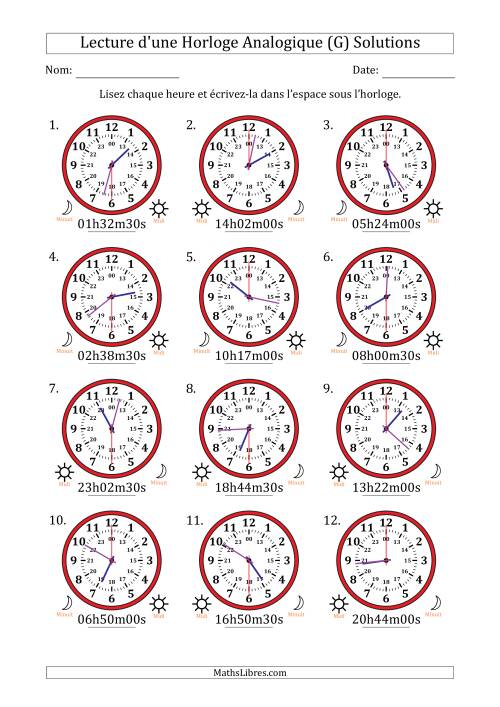 Lecture de l'Heure sur Une Horloge Analogique utilisant le système horaire sur 24 heures avec 30 Secondes d'Intervalle (12 Horloges) (G) page 2