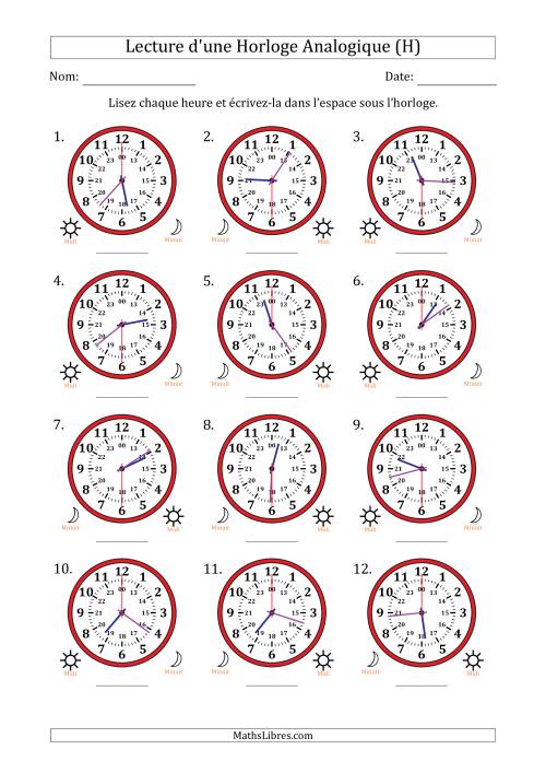 Lecture de l'Heure sur Une Horloge Analogique utilisant le système horaire sur 24 heures avec 30 Secondes d'Intervalle (12 Horloges) (H)