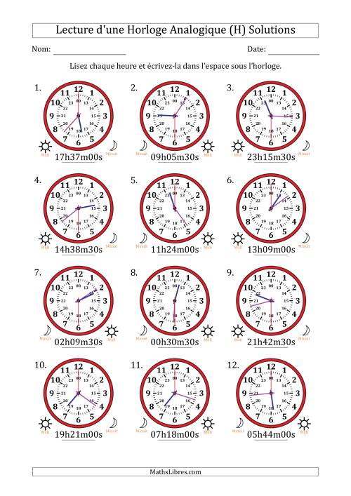 Lecture de l'Heure sur Une Horloge Analogique utilisant le système horaire sur 24 heures avec 30 Secondes d'Intervalle (12 Horloges) (H) page 2