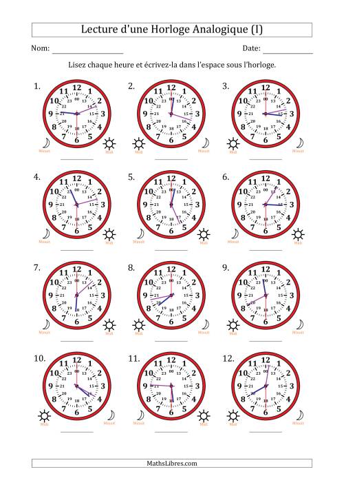 Lecture de l'Heure sur Une Horloge Analogique utilisant le système horaire sur 24 heures avec 30 Secondes d'Intervalle (12 Horloges) (I)