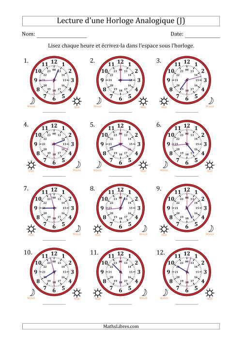 Lecture de l'Heure sur Une Horloge Analogique utilisant le système horaire sur 24 heures avec 30 Secondes d'Intervalle (12 Horloges) (J)