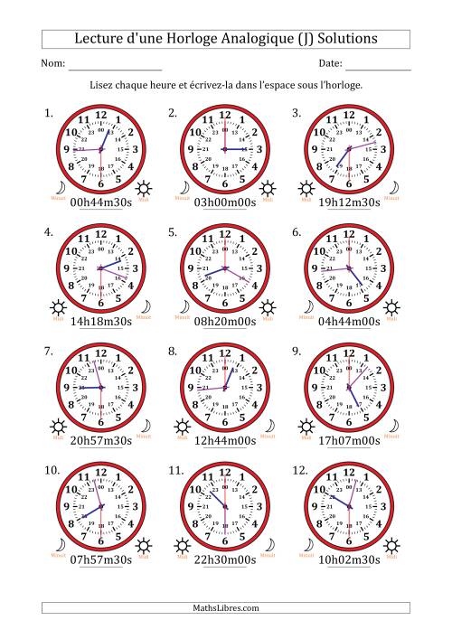 Lecture de l'Heure sur Une Horloge Analogique utilisant le système horaire sur 24 heures avec 30 Secondes d'Intervalle (12 Horloges) (J) page 2