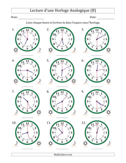 Lecture de l'Heure sur Une Horloge Analogique utilisant le système horaire sur 12 heures avec 30 Secondes d'Intervalle (12 Horloges) (B)