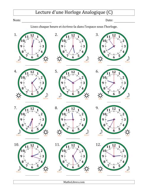 Lecture de l'Heure sur Une Horloge Analogique utilisant le système horaire sur 12 heures avec 30 Secondes d'Intervalle (12 Horloges) (C)