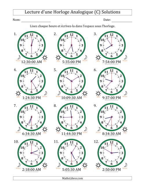Lecture de l'Heure sur Une Horloge Analogique utilisant le système horaire sur 12 heures avec 30 Secondes d'Intervalle (12 Horloges) (C) page 2