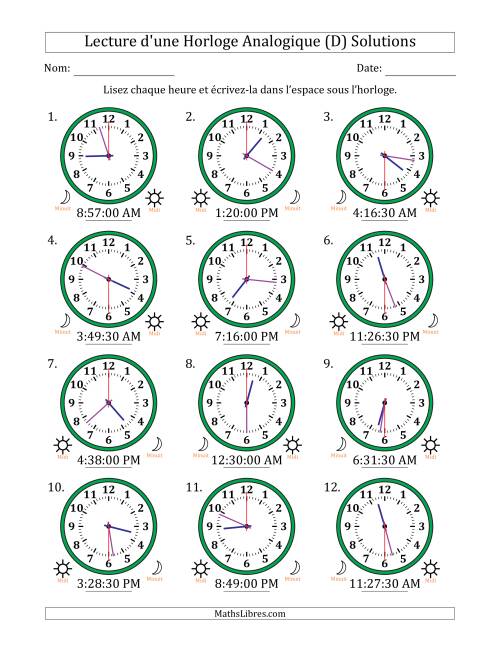 Lecture de l'Heure sur Une Horloge Analogique utilisant le système horaire sur 12 heures avec 30 Secondes d'Intervalle (12 Horloges) (D) page 2
