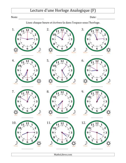 Lecture de l'Heure sur Une Horloge Analogique utilisant le système horaire sur 12 heures avec 30 Secondes d'Intervalle (12 Horloges) (F)