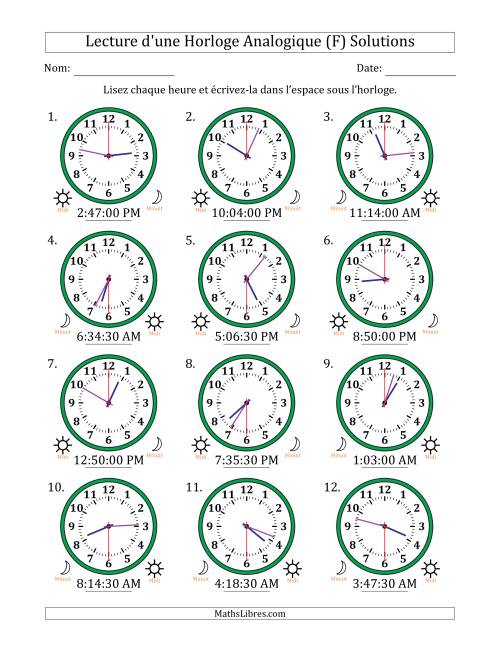 Lecture de l'Heure sur Une Horloge Analogique utilisant le système horaire sur 12 heures avec 30 Secondes d'Intervalle (12 Horloges) (F) page 2