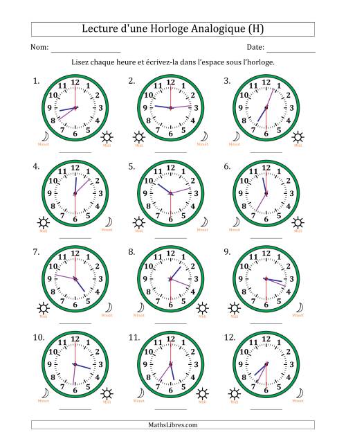 Lecture de l'Heure sur Une Horloge Analogique utilisant le système horaire sur 12 heures avec 30 Secondes d'Intervalle (12 Horloges) (H)