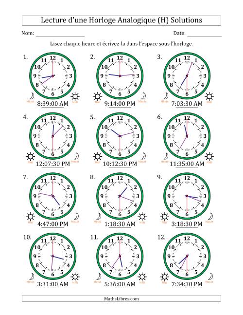 Lecture de l'Heure sur Une Horloge Analogique utilisant le système horaire sur 12 heures avec 30 Secondes d'Intervalle (12 Horloges) (H) page 2