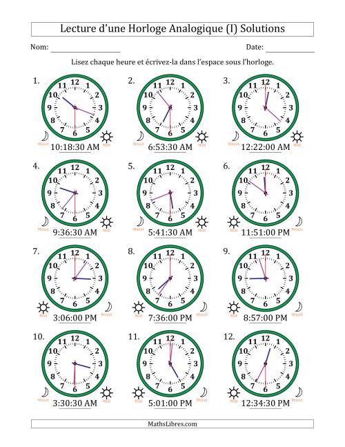 Lecture de l'Heure sur Une Horloge Analogique utilisant le système horaire sur 12 heures avec 30 Secondes d'Intervalle (12 Horloges) (I) page 2