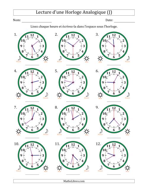 Lecture de l'Heure sur Une Horloge Analogique utilisant le système horaire sur 12 heures avec 30 Secondes d'Intervalle (12 Horloges) (J)