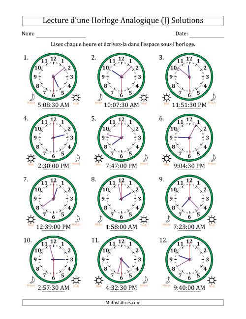 Lecture de l'Heure sur Une Horloge Analogique utilisant le système horaire sur 12 heures avec 30 Secondes d'Intervalle (12 Horloges) (J) page 2