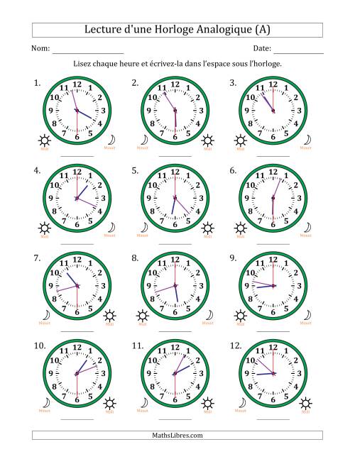 Lecture de l'Heure sur Une Horloge Analogique utilisant le système horaire sur 12 heures avec 30 Secondes d'Intervalle (12 Horloges) (Tout)