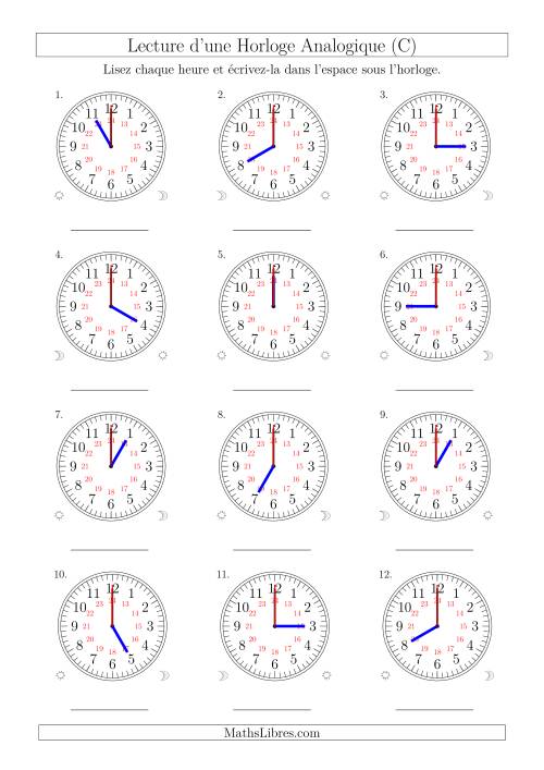 Lecture de l'Heure sur Une Horloge Analogique avec 60 Minutes  & Secondes d'Intervalle (12 Horloges) (C)