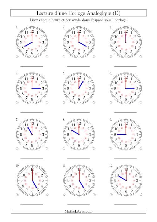 Lecture de l'Heure sur Une Horloge Analogique avec 60 Minutes  & Secondes d'Intervalle (12 Horloges) (D)