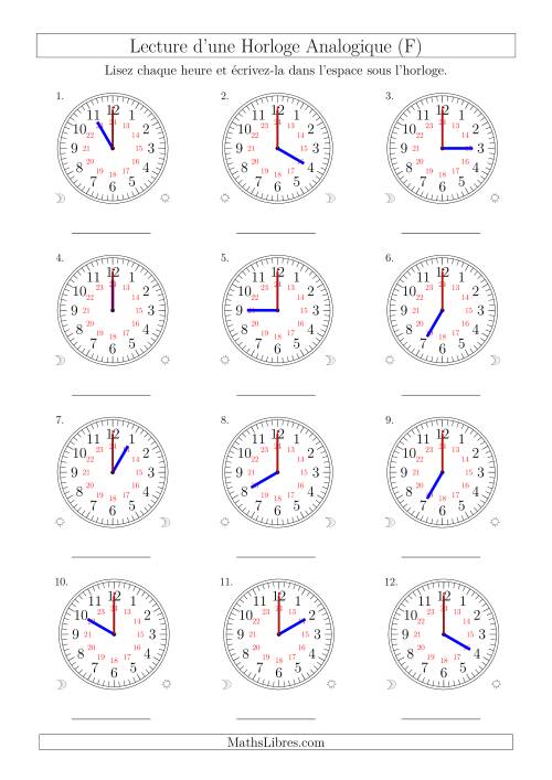 Lecture de l'Heure sur Une Horloge Analogique avec 60 Minutes  & Secondes d'Intervalle (12 Horloges) (F)