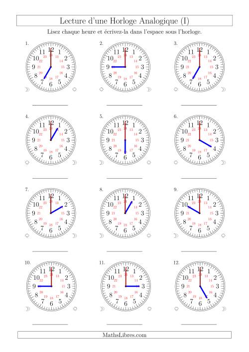 Lecture de l'Heure sur Une Horloge Analogique avec 60 Minutes  & Secondes d'Intervalle (12 Horloges) (I)