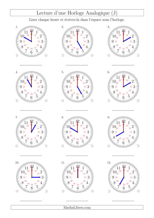 Lecture de l'Heure sur Une Horloge Analogique avec 60 Minutes  & Secondes d'Intervalle (12 Horloges) (J)