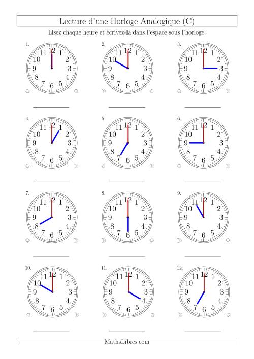 Lecture de l'Heure sur Une Horloge Analogique avec 60 Minutes & Secondes d'Intervalle (12 Horloges) (C)