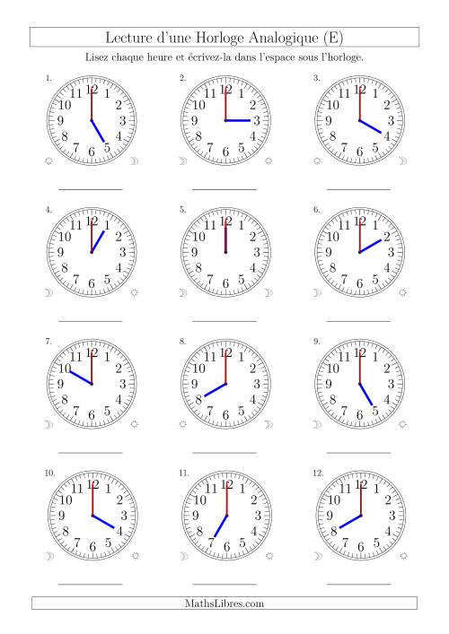 Lecture de l'Heure sur Une Horloge Analogique avec 60 Minutes & Secondes d'Intervalle (12 Horloges) (E)