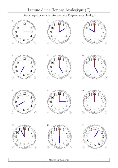Lecture de l'Heure sur Une Horloge Analogique avec 60 Minutes & Secondes d'Intervalle (12 Horloges) (F)