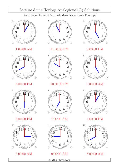 Lecture de l'Heure sur Une Horloge Analogique avec 60 Minutes & Secondes d'Intervalle (12 Horloges) (G) page 2