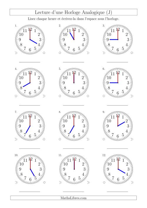 Lecture de l'Heure sur Une Horloge Analogique avec 60 Minutes & Secondes d'Intervalle (12 Horloges) (J)