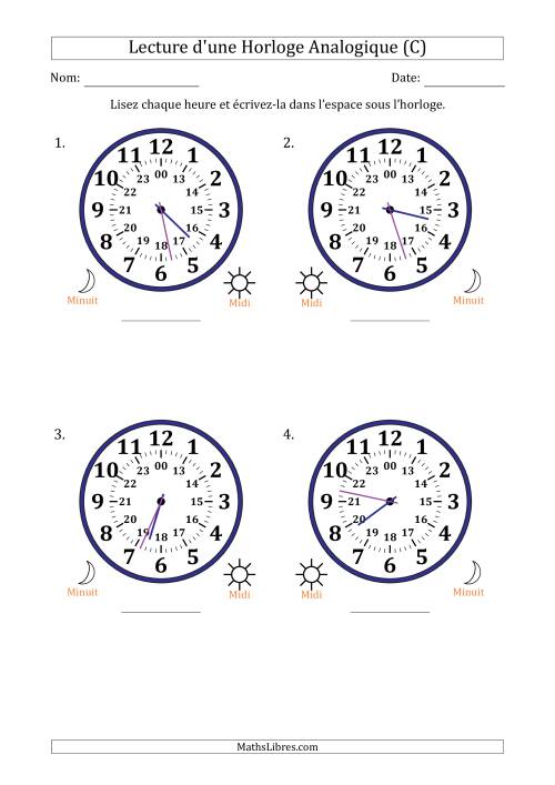 Lecture de l'Heure sur Une Horloge Analogique utilisant le système horaire sur 24 heures avec 1 Minutes d'Intervalle (4 Horloges) (C)