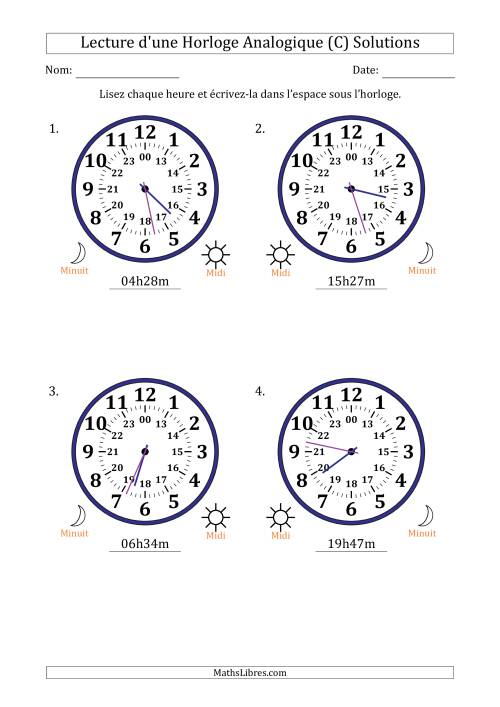 Lecture de l'Heure sur Une Horloge Analogique utilisant le système horaire sur 24 heures avec 1 Minutes d'Intervalle (4 Horloges) (C) page 2