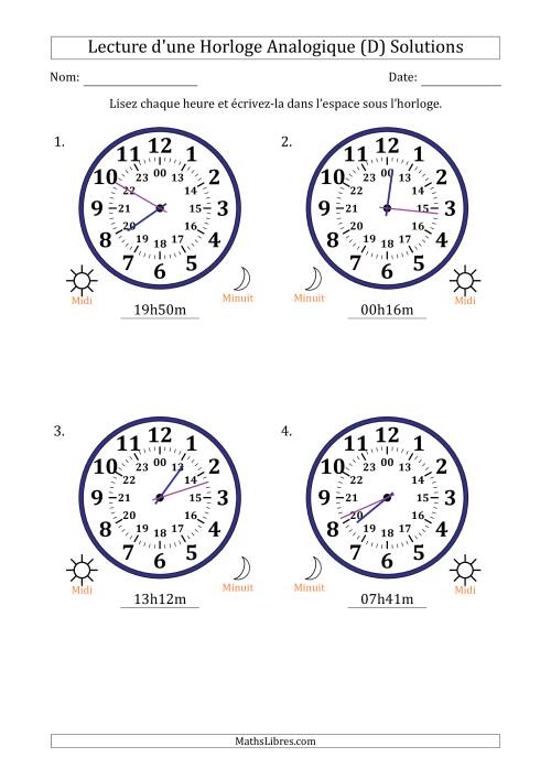 Lecture de l'Heure sur Une Horloge Analogique utilisant le système horaire sur 24 heures avec 1 Minutes d'Intervalle (4 Horloges) (D) page 2