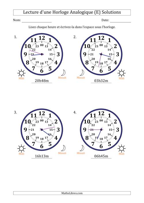 Lecture de l'Heure sur Une Horloge Analogique utilisant le système horaire sur 24 heures avec 1 Minutes d'Intervalle (4 Horloges) (E) page 2