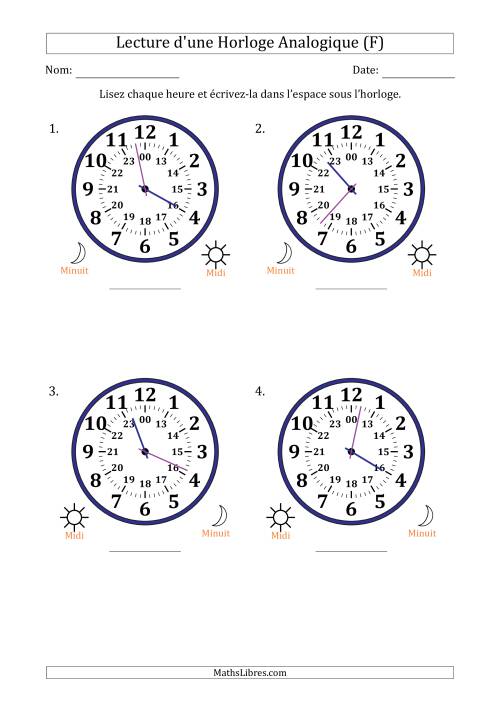 Lecture de l'Heure sur Une Horloge Analogique utilisant le système horaire sur 24 heures avec 1 Minutes d'Intervalle (4 Horloges) (F)