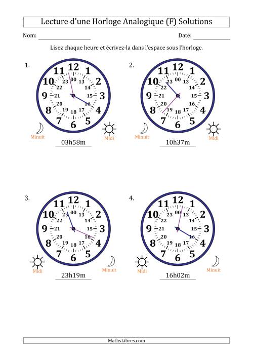 Lecture de l'Heure sur Une Horloge Analogique utilisant le système horaire sur 24 heures avec 1 Minutes d'Intervalle (4 Horloges) (F) page 2