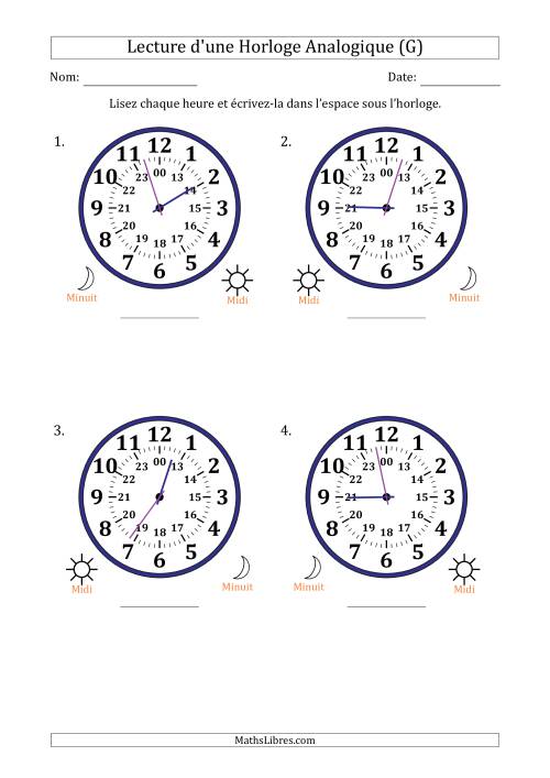 Lecture de l'Heure sur Une Horloge Analogique utilisant le système horaire sur 24 heures avec 1 Minutes d'Intervalle (4 Horloges) (G)