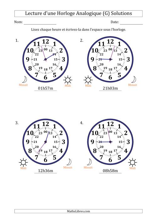 Lecture de l'Heure sur Une Horloge Analogique utilisant le système horaire sur 24 heures avec 1 Minutes d'Intervalle (4 Horloges) (G) page 2
