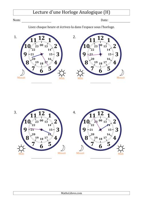 Lecture de l'Heure sur Une Horloge Analogique utilisant le système horaire sur 24 heures avec 1 Minutes d'Intervalle (4 Horloges) (H)