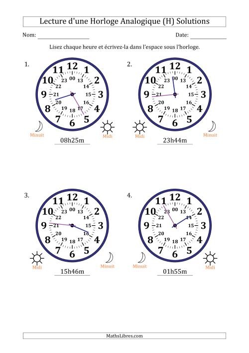 Lecture de l'Heure sur Une Horloge Analogique utilisant le système horaire sur 24 heures avec 1 Minutes d'Intervalle (4 Horloges) (H) page 2