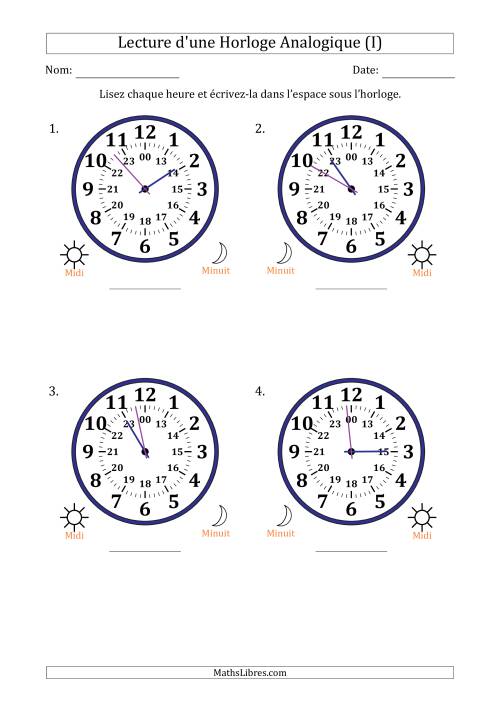 Lecture de l'Heure sur Une Horloge Analogique utilisant le système horaire sur 24 heures avec 1 Minutes d'Intervalle (4 Horloges) (I)