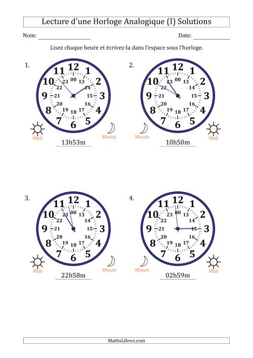 Lecture de l'Heure sur Une Horloge Analogique utilisant le système horaire sur 24 heures avec 1 Minutes d'Intervalle (4 Horloges) (I) page 2