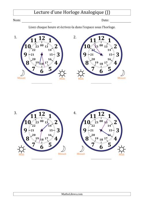 Lecture de l'Heure sur Une Horloge Analogique utilisant le système horaire sur 24 heures avec 1 Minutes d'Intervalle (4 Horloges) (J)