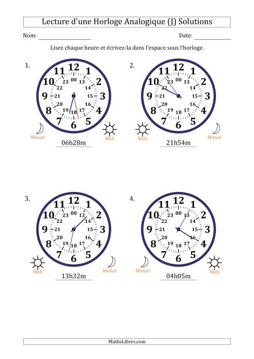 Lecture de l'Heure sur Une Horloge Analogique utilisant le système horaire sur 24 heures avec 1 Minutes d'Intervalle (4 Horloges) (J) page 2