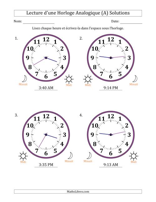Lecture de l'Heure sur Une Horloge Analogique utilisant le système horaire sur 12 heures avec 1 Minutes d'Intervalle (4 Horloges) (A) page 2