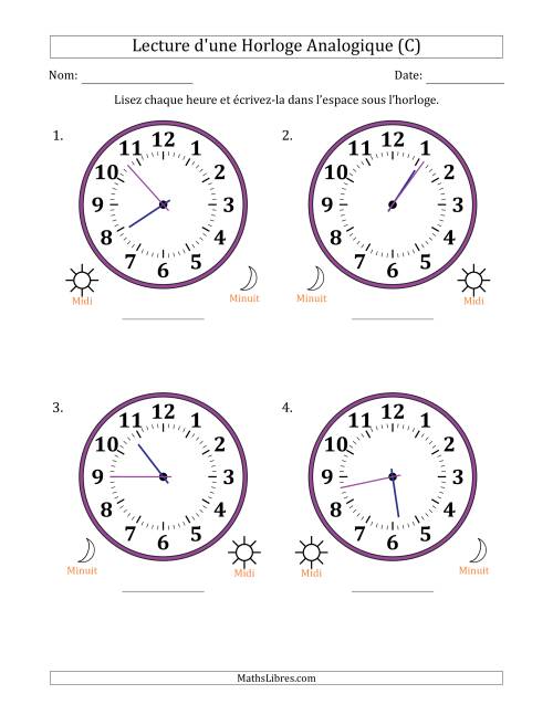 Lecture de l'Heure sur Une Horloge Analogique utilisant le système horaire sur 12 heures avec 1 Minutes d'Intervalle (4 Horloges) (C)